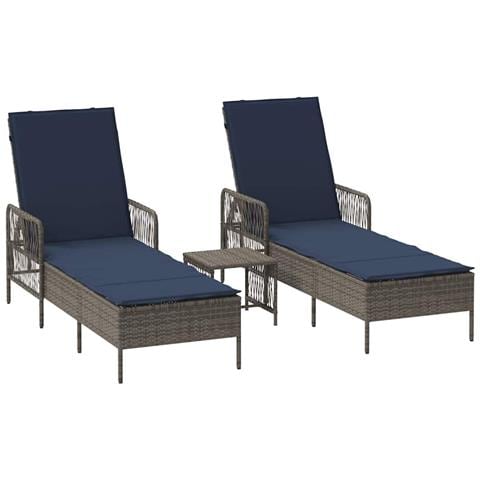 Lettino Prendisole Set di 3 Grigio e blu navy Rattan PE, metallo - Foto 1