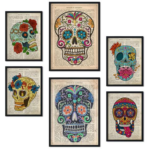 Set Di 6 Stampe Collezione Di Piatti Vintage Skulls Con Collage Estetico Per La Decorazione D'interni A3 & A4 Cornice Nera - Foto 1