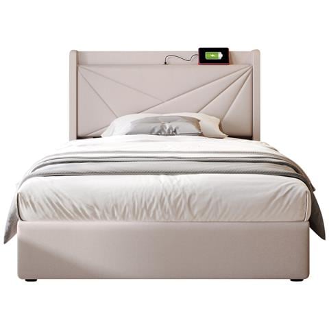 Letto Singolo Beige Con Testata Moderna E Funzione Di Ricarica Integrata - Foto 1