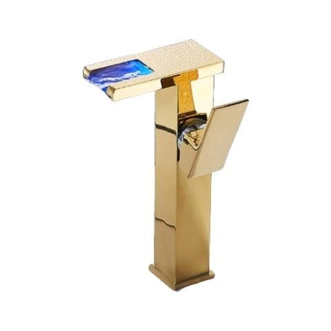 Rubinetto per lavabo da bagno, Blackswan, tipo M193, modello alto in oro con bocca a cascata e LED, misura 24 cm - Foto 1