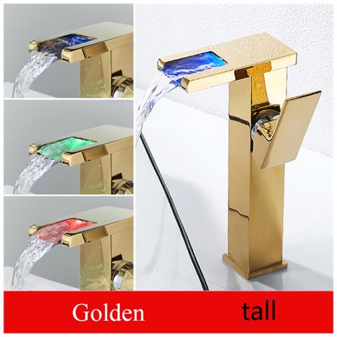 Rubinetto per lavabo da bagno, Blackswan, tipo M193, modello alto in oro con bocca a cascata e LED, misura 24 cm - Foto 2