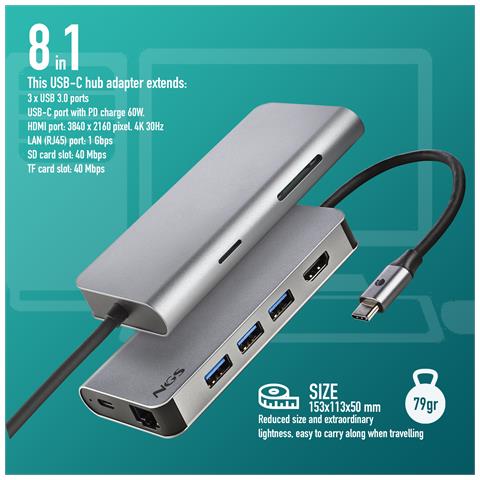 Wonder Dock 8 Hub Usb-c 8 In 1 Adattatore Multiporta Usb 3.0 Usb-c Con Carica Pd Hdmi Lettore Di Schede Sd /tf Et Lan Rj45 Compatibile Con I Dispositivi Usb-c Grigio - Foto 2