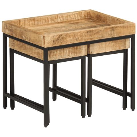 Tavolini A Incastro 3 Pz Legno Massello Di Mango Grezzo E Ferro - Foto 1