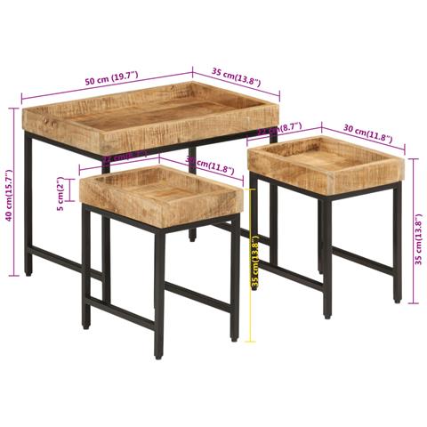 Tavolini A Incastro 3 Pz Legno Massello Di Mango Grezzo E Ferro - Foto 8