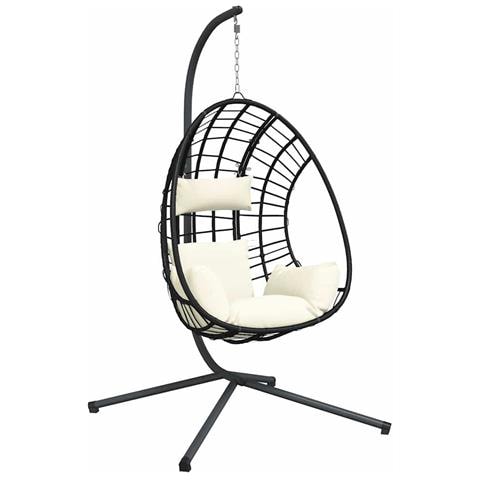 Sedia a Uovo Sospesa con Supporto Beige in Polyrattan e Acciaio - Foto 1