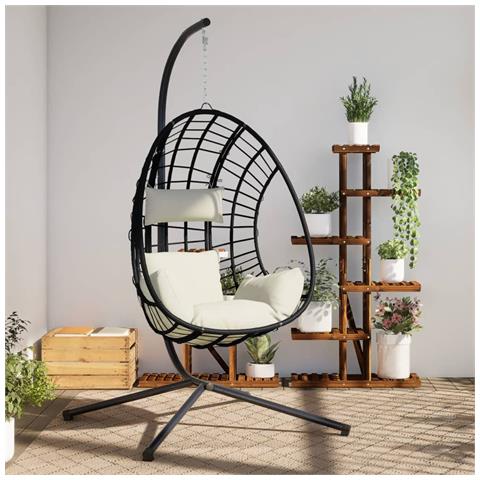 Sedia a Uovo Sospesa con Supporto Beige in Polyrattan e Acciaio - Foto 2