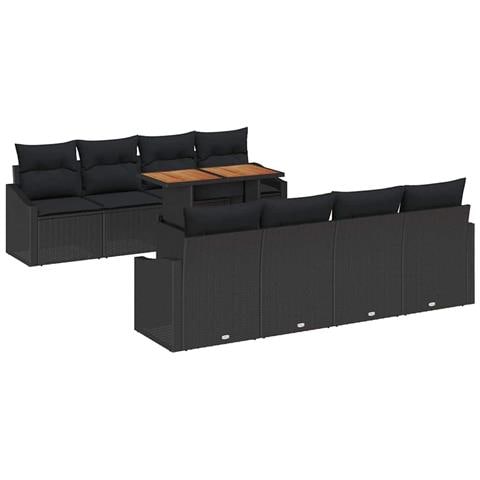 Set da pranzo da giardino 9 pezzi con cuscini in polyrattan nero e acacia - Foto 1
