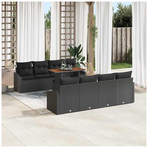 Set da pranzo da giardino 9 pezzi con cuscini in polyrattan nero e acacia - Foto 2
