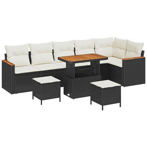 Set Divano da Giardino 9 Pezzi con Cuscini Nero Polirattan Acacia, Set da Pranzo Giardino 3 Pezzi con Cuscini Nero Polirattan Acacia - Foto 1