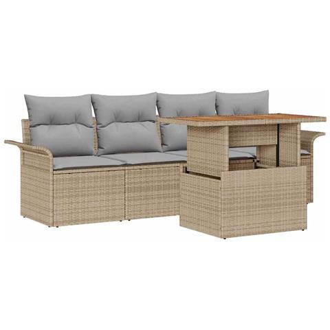 Set Divano Giardino 5 Pezzi Cuscini Beige Poly Rattan, Divano Giardino 2 Posti con Ripostiglio Cuscini Beige Poly Rattan - Foto 1