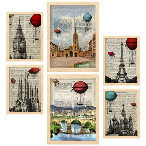 Set Di 6 Stampe Dalla Collezione Vintage Cities Di Piatti Con Collage Estetico Per La Decorazione D'interni A3 & A4 Telaio In Legno Chiaro - Foto 1