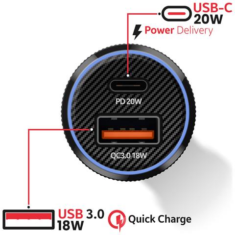 Caricatore Per Auto Usb-c 20w / Usb-a Per Smartphone Con Cavo Usb-c 60w 1m, Nero - Foto 2