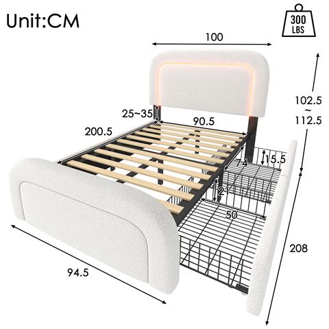 Letto Singolo Con Ricarica Usb-c E Due Cassetti In Sherpa Bianco - Foto 3