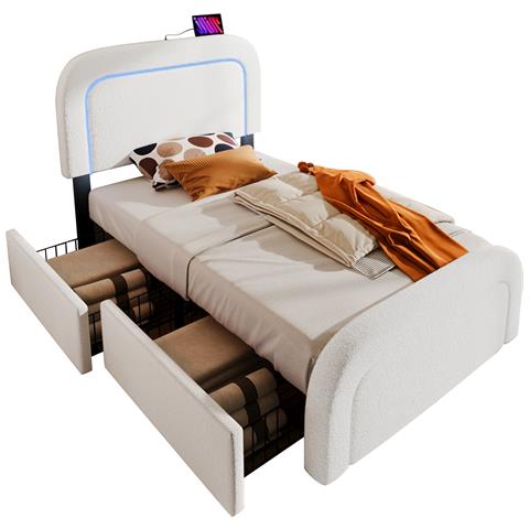 Letto Singolo Con Ricarica Usb-c E Due Cassetti In Sherpa Bianco - Foto 1