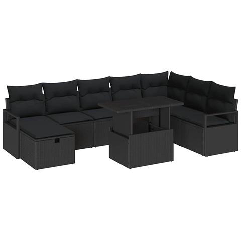 Set Divano da Giardino con cuscino 9 pcs Nero Poly Rattan - Foto 1