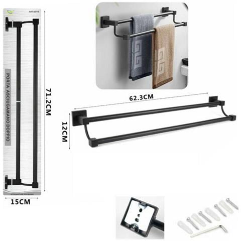 Porta Asciugamani 2 Aste Supporto Per Bagno Da Muro Asta Casa Nero 02110 - Foto 2