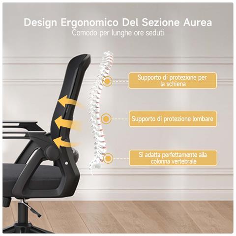 Sedia Da Ufficio Scrivania Ergonomica, Con Braccioli Pieghevoli, Altezza Regolabile, Rete Respirante, Girevole Con Ruote, Funzione Oscillante 90-105°, Nero - Foto 2