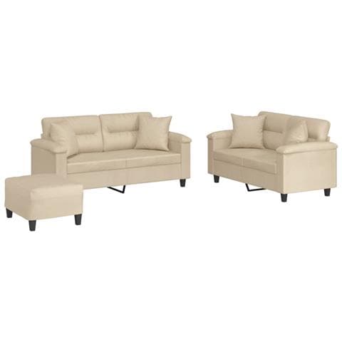 Set Divani 3 pz con Cuscini Crema in Tessuto Microfibra - Foto 1