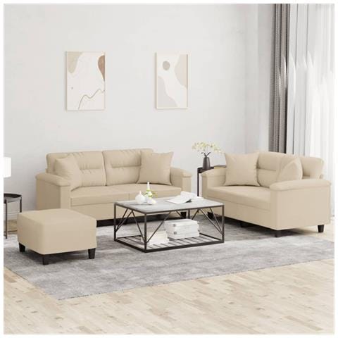 Set Divani 3 pz con Cuscini Crema in Tessuto Microfibra - Foto 2