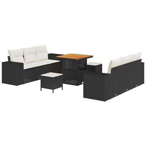 Set di Divani da Giardino 9 Pezzi con Cuscini Nero Polyrattan Acacia, Set da Pranzo Giardino 3 Pezzi con Cuscini Nero Polyrattan Acacia - Foto 1