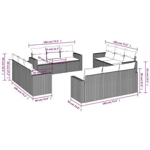Set Divano Giardino 12 pz con Cuscini Grigio Chiaro Polyrattan - Foto 3