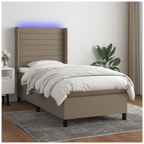 Letto a Molle con Materasso e LED Tortora 100x200cm in Tessuto - Foto 2