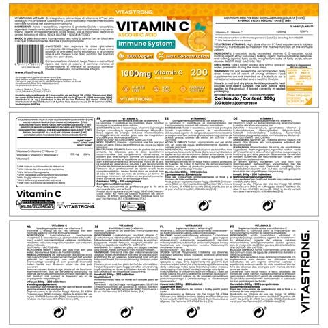 Vitastrong Vitamin C 1000mg Alta Dosi – 200 Compresse, 100% Vegano, Acido Ascorbico A Rilascio Lento Per Supporto Immunitario - Foto 2