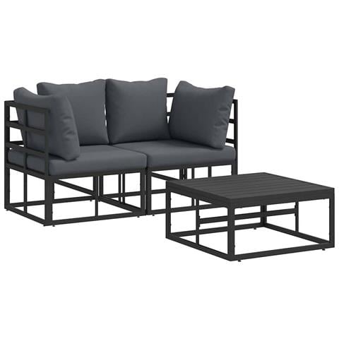 Set Divano da Giardino con cuscino 3 pcs Nero Alluminio - Foto 1