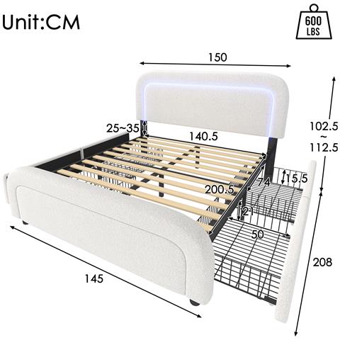 Letto Matrimoniale Con Led, Usb-c E 4 Cassetti In Sherpa Bianco - Foto 2