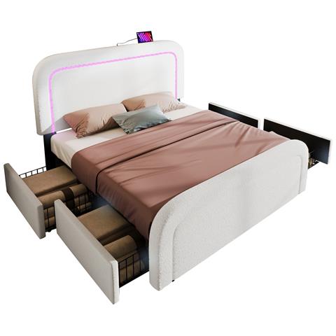 Letto Matrimoniale Con Led, Usb-c E 4 Cassetti In Sherpa Bianco - Foto 1