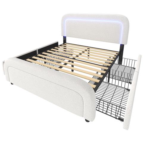 Letto Matrimoniale Con Led, Usb-c E 4 Cassetti In Sherpa Bianco - Foto 3