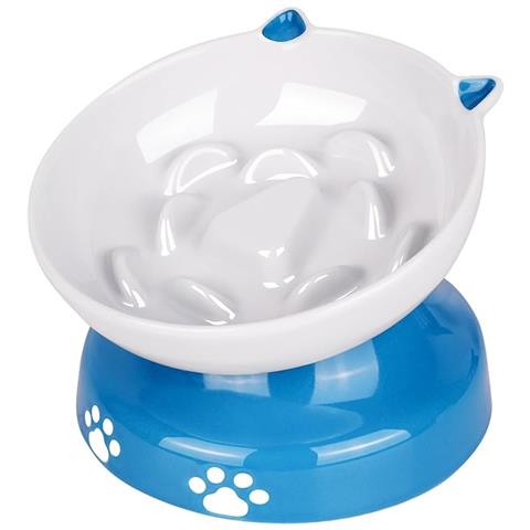 Mangiatoia lenta per cani e gatti Ciotola per gatti rialzata inclinata, blu e bianca - Foto 1
