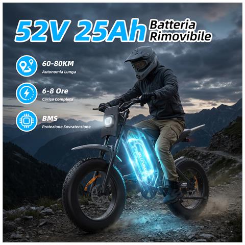 Bicicletta Elettrica R700 1500W, Batteria Rimovibile 52V 25Ah, 20 Pollici Fat Tire, 47KM /H, Display LCD - Foto 2