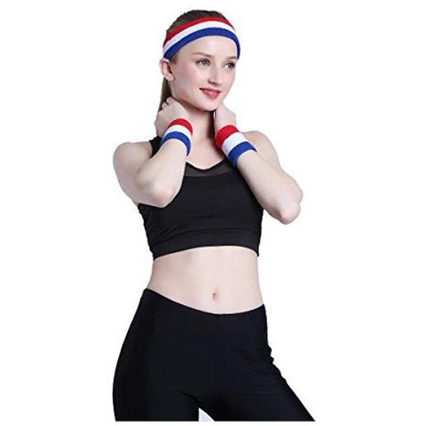 Sweatband Set (3 Pezzi) Sport Fascia Da Polso A Strisce Sweatbands Tessuto Di Spugna Wristband Athletic Esercizio Pallacanestro Polso Sweatband E Fasce Assorbimento Dellumidit Assorbimento Del Sudore Head Band - Foto 2