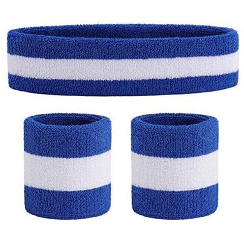 Sweatband Set (3 Pezzi) Sport Fascia Da Polso A Strisce Sweatbands Tessuto Di Spugna Wristband Athletic Esercizio Pallacanestro Polso Sweatband E Fasce Assorbimento Dellumidit Assorbimento Del Sudore Head Band - Foto 1
