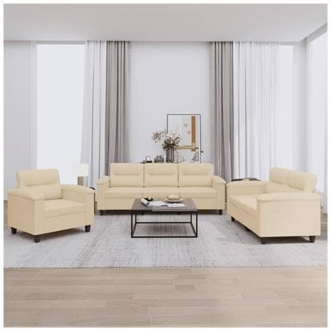 Set Divani 3 pz con Cuscini Crema in Tessuto Microfibra - Foto 2