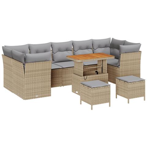Set Divano da Giardino con Cuscini Beige in Polyrattan Acacia da 10 pezzi, Set da Pranzo da Giardino con Cuscini Beige in Polyrattan Acacia da 3 pezzi - Foto 1