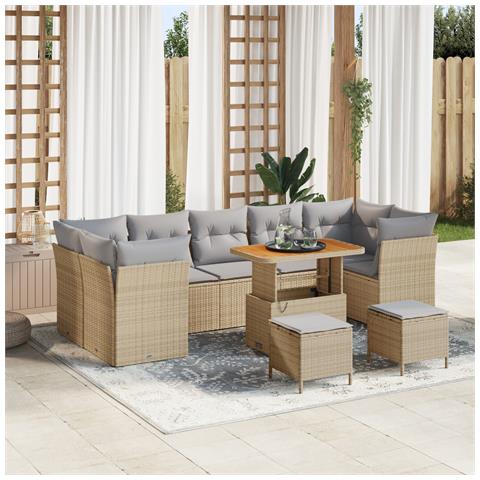 Set Divano da Giardino con Cuscini Beige in Polyrattan Acacia da 10 pezzi, Set da Pranzo da Giardino con Cuscini Beige in Polyrattan Acacia da 3 pezzi - Foto 2