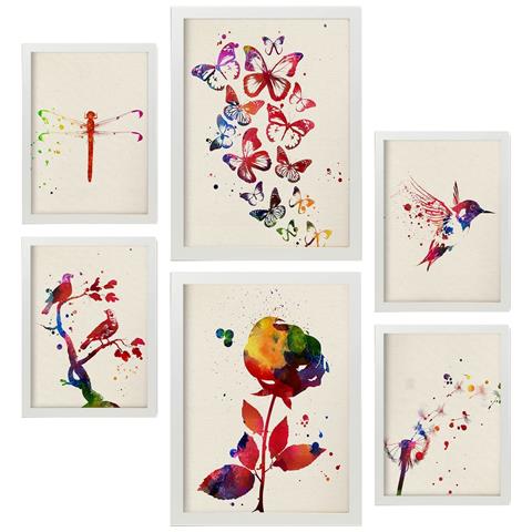 Set Di 6 Stampe Illustrazioni Naturalistiche In Stile Acquerello Di Piante, Fiori, Farfalle E Uccelli Per L'interior Design A3 & A4 Cornice Bianca - Foto 1