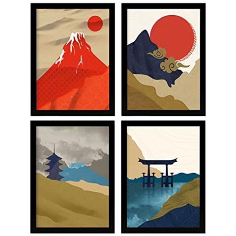 Set Di 4 Stampe Poster Giapponesi Templi. Stampe E Illustrazioni Con Estetica Orientale. Design E Decorazione D'interni Senza Cornice A4 - Foto 1