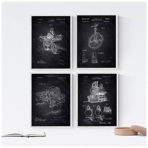 Set Di 4 Stampe Nero Fogli Con Veicolo Brevetti. Impostare Manifesti Con Invenzioni E Vecchi Brevetti. Scegli Il Colore Che Gradite Senza Cornice A4 - Foto 1