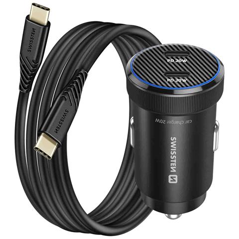 Caricatore Per Auto 2 Usb-c 20w Pd Per Smartphone /tablet Con Cavo Usb-c, Nero - Foto 1