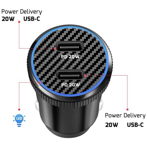 Caricatore Per Auto 2 Usb-c 20w Pd Per Smartphone /tablet Con Cavo Usb-c, Nero - Foto 2