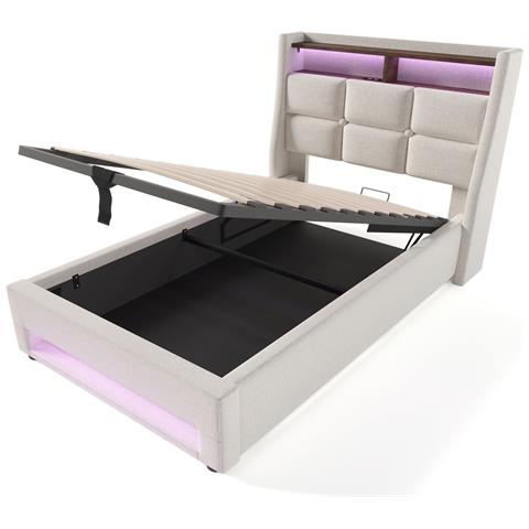 Letto Moderno Vintage In Cotone E Lino Con Illuminazione Led Colorata Per Atmosfera - Foto 3