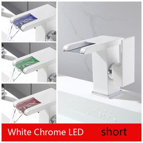 Rubinetto per lavabo da bagno, Blackswan, tipo M190, modello corto bianco con bocca a cascata e LED, misura 12,5 cm - Foto 2
