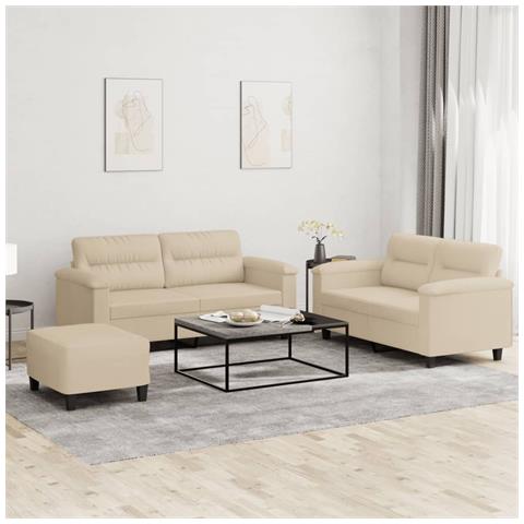 Set Divani 3 pz con Cuscini Crema in Tessuto Microfibra - Foto 2