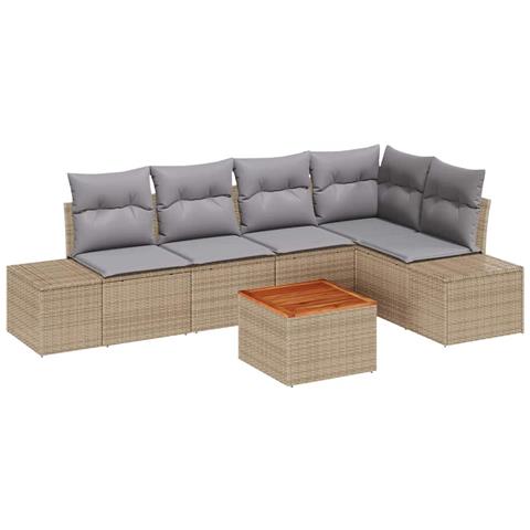 Set divano giardino 6 pezzi con cuscini beige in polyrattan e acacia - Foto 1