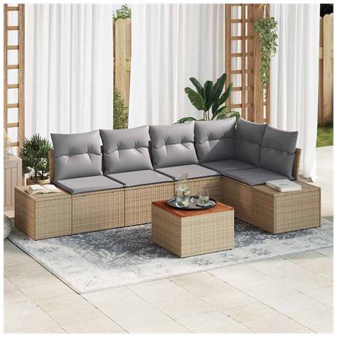 Set divano giardino 6 pezzi con cuscini beige in polyrattan e acacia - Foto 2