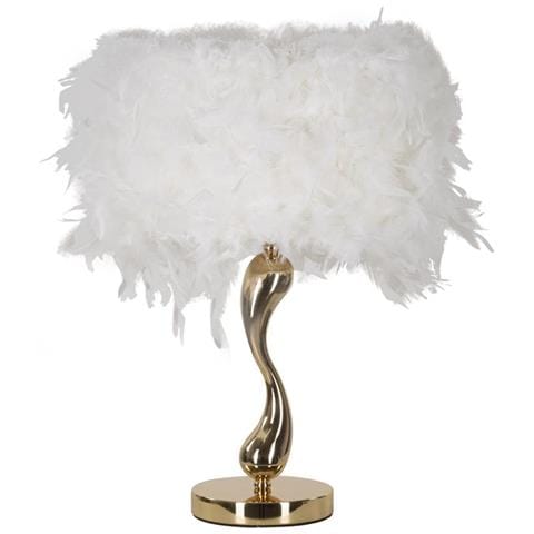 Lampada Da Tavolo Cart Bianca Con Base Dorata Sinuosa E Paralume In Piume Bianche - Foto 1