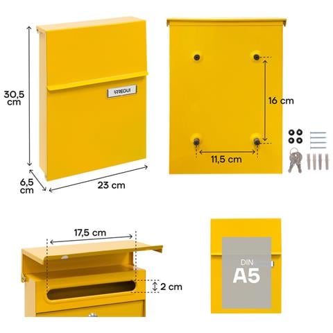 Line E6808 Cassetta Postale Individuale In Acciaio, Cassetta Della Posta Da Parete, Con Serratura Coperta, Dimensione S (din A5), Facile Da Montare, Giallo - Foto 3